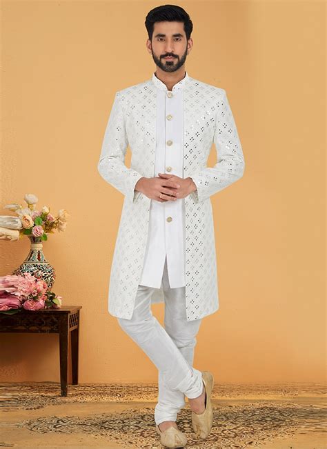 Buy White Banarasi Dupion Silk Mirror Embroidery Indowestern Sherwani