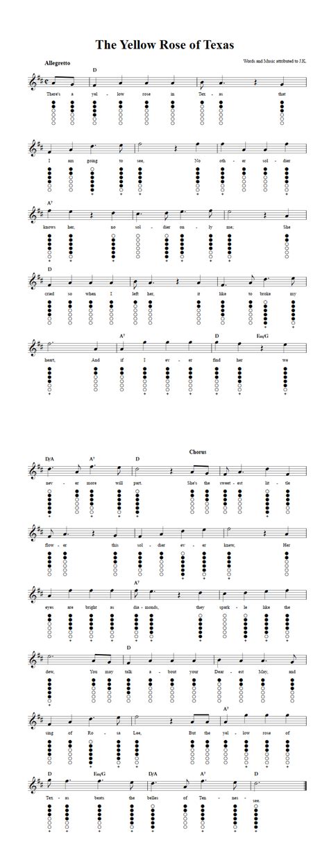 The Yellow Rose of Texas: Sheet Music and Tab for Tin Whistle with Lyrics