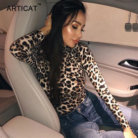 Articat Sexy Leopard Bodysuit Women Rompers Long Sleeve Turtleneck Slim