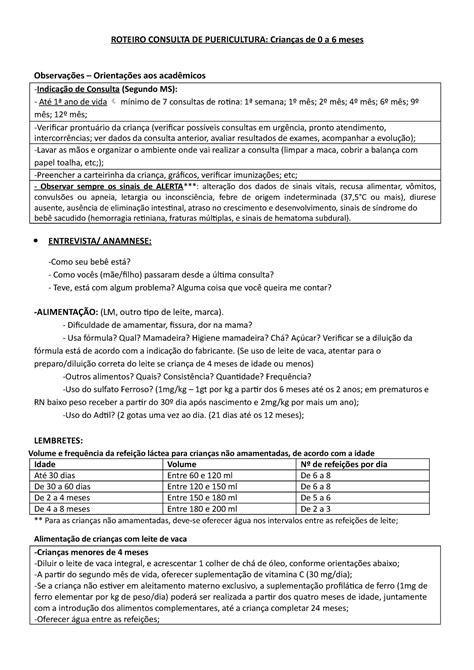 Consulta De Enfermagem Em Puericultura 0 A 6 Meses ROTEIRO CONSULTA