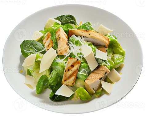 Caesar Salad With Chicken On A White Plate Illustration Generative Ai