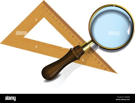 wooden triangle ruler  magnifying glass tool isolated  white