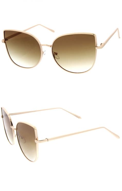 Womens Oversize Slim Metal Frame Gradient Flat Lens Cat Eye Sunglasses