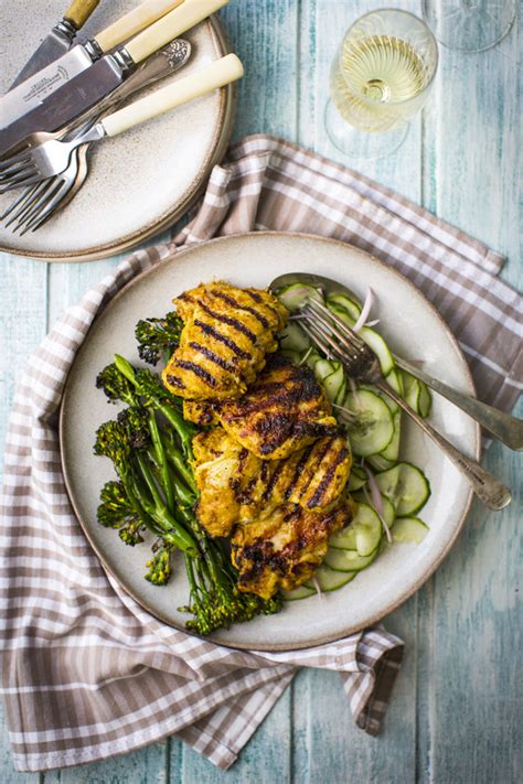 Indian Spiced Yoghurt Grilled Chicken Thighs with Pickled Cucumber