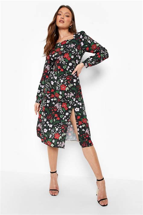 Floral Print Rouched Midi Dress Boohoo Uk