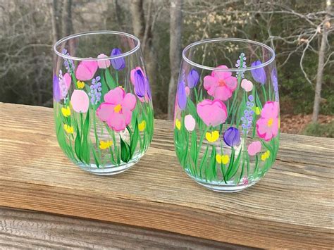 Hand Painted Stemless Wine Glasses Flowers Spring Floral Wine Etsy