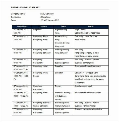 Business Trip Itinerary Template Unique Travel Schedule With