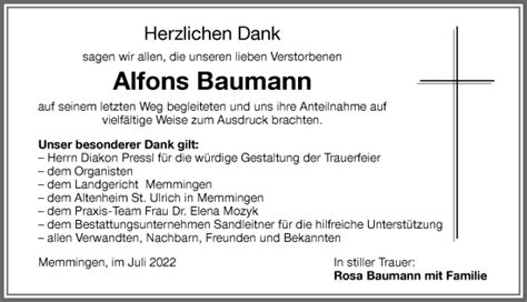 Traueranzeigen von Alfons Baumann Allgäuer Zeitung