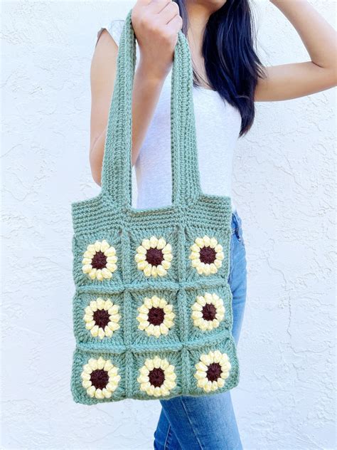 Sunflower Granny Square Tote Bag Pdf Crochet Pattern Granny Etsy