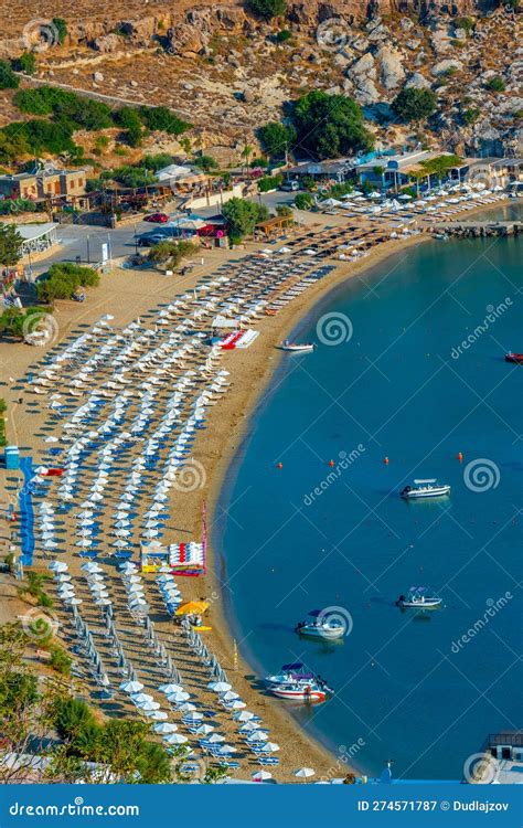 Panorama View Of Lindos Beach At Greek Island Rhodes Stock Image