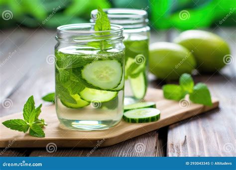 A Bottled Cucumber And Mint Infused Water On Wooden Plank Stock Image