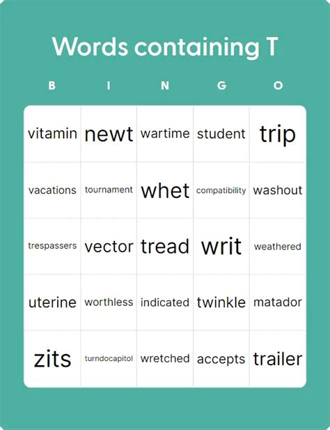 Words Containing T Bingo Card Creator