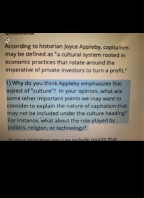 Solved According To Historian Joyce Appleby Capitalism May