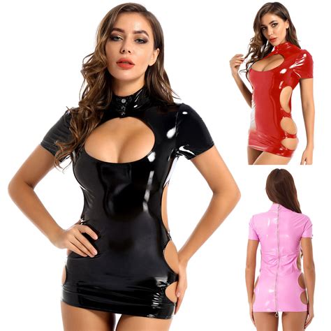 Womens Sexy Leather Wet Look Bodycon Party Evening Cocktail Mini Dress