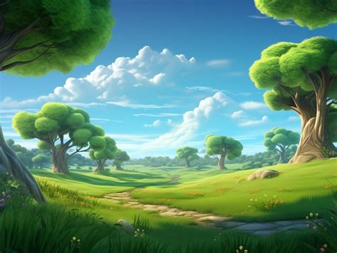 Premium AI Image | cartoon scene of a green meadow with trees and a path generative ai