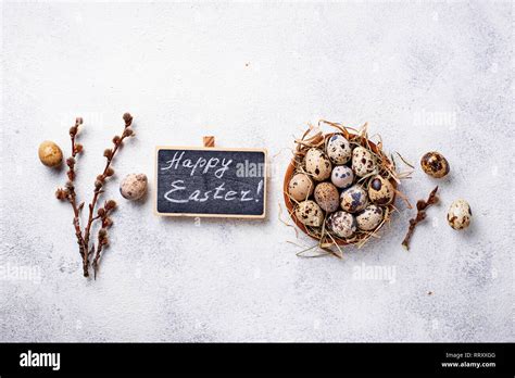 Easter Background With Quail Eggs And Pussy Willow Stock Photo Alamy