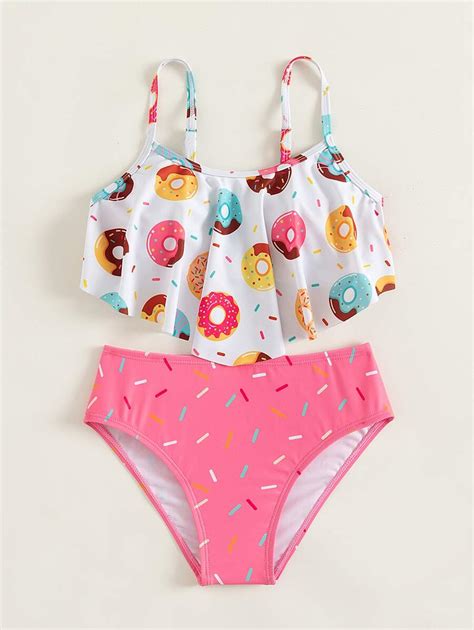 SHEIN Conjunto de Maiô Bikini Babado e Estampa de Rosquinha para