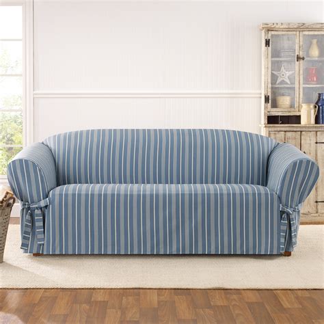 Sure Fit Grain Sack Stripe One Piece Box Cusion Slipcover For Sofa