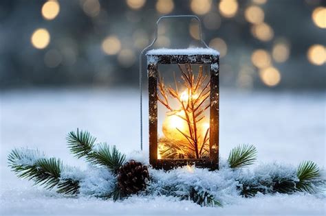 Premium Photo | Christmas lantern on the snow with a spruce branch during the day winter ...