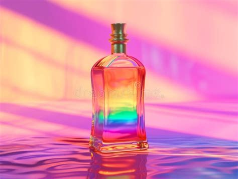 Colorful Perfume Bottle On A Reflective Water Surface With Vibrant