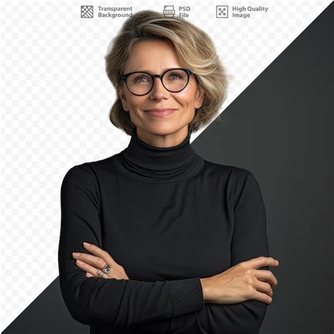 Premium Psd A Woman Wearing Glasses And A Black Sweater Stands In Front Of A Grid That Says