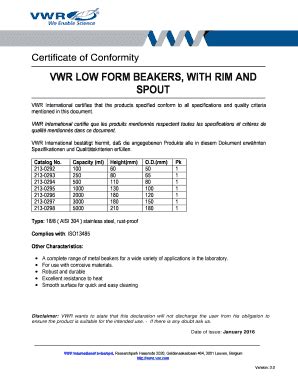 Fillable Online COC VWR LOW FORM BEAKERS WITH RIM AND SPOUT Approved