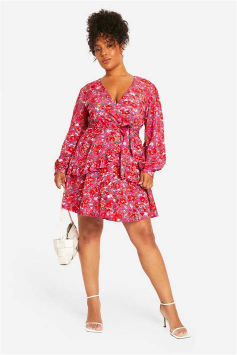 Plus Floral Ruffle Wrap Skater Dress Boohoo Uk