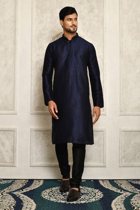 Buy Blue Dupion Art Silk Mandarin Collar Kurta For Men By Aryavir Malhotra Online At Aza Fashions