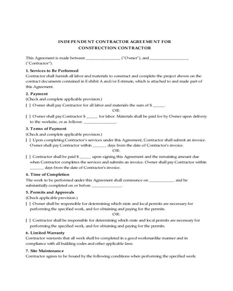 Independent Contractor Agreement For Construction Edit Fill Sign