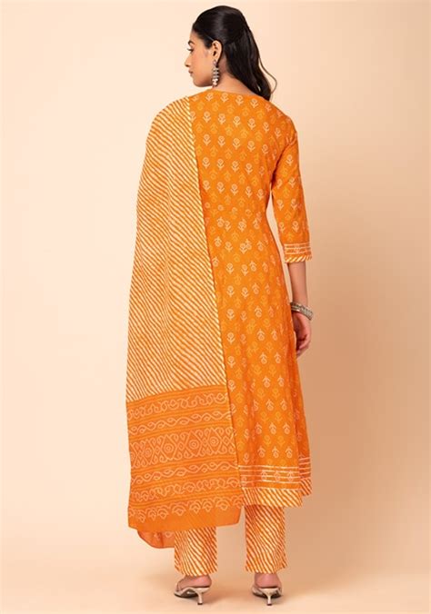 Buy Women Orange Bandhani Print Zari Embroidered Cotton Kurta With