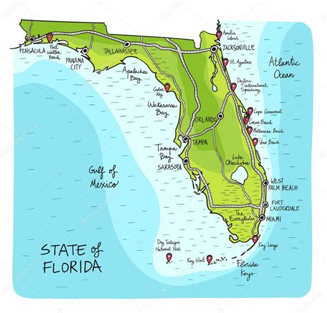 Mapa Dibujado Mano Del Estado Florida Con Las Principales Ciudades