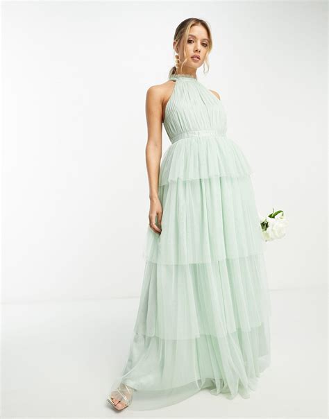 Vila Bridesmaid Halterneck Tulle Maxi Dress With Tiered Skirt In Green