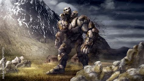 A Huge Stone Golem With Three Heads And Large Arms Passes By Abandoned