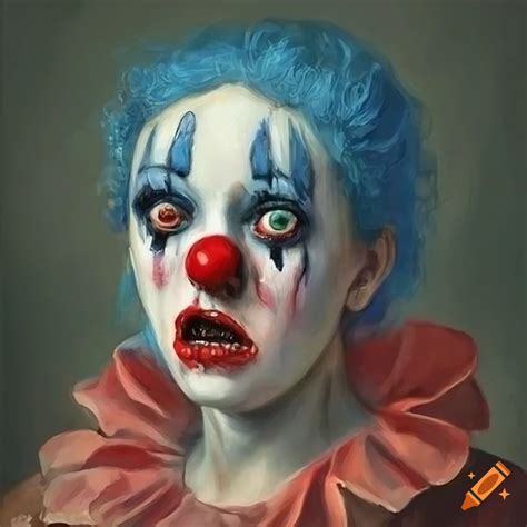 Portrait Of A Creepy Female Clown With Blue Hair And Red Nose