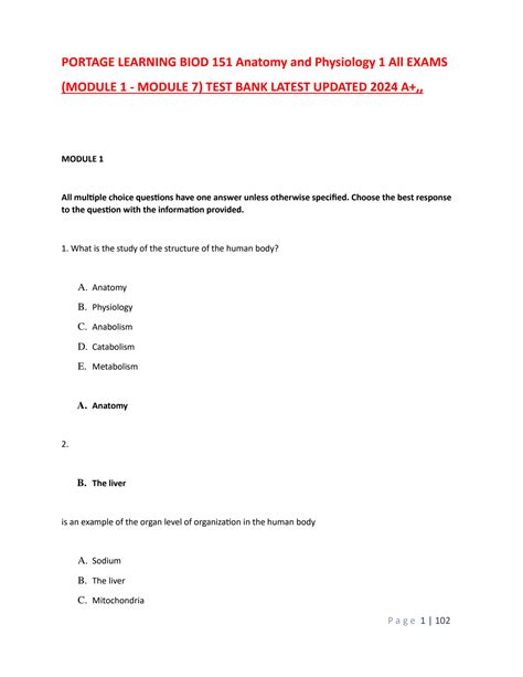 SOLUTION Portage Learning Biod 151 Anatomy And Physiology 1 All Exams