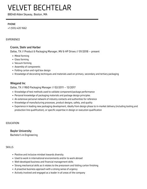 Packaging Manager Resume Samples Velvet Jobs