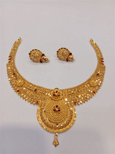 22k Yellow Gold Necklace Set Indian Gold Set Indian Gold Jewelry