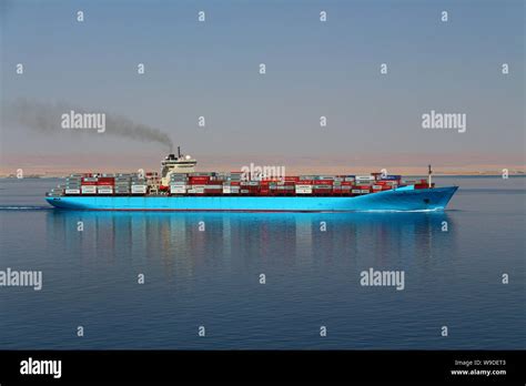 Container ship Maersk Karlskrona departing the Suez Canal and ...