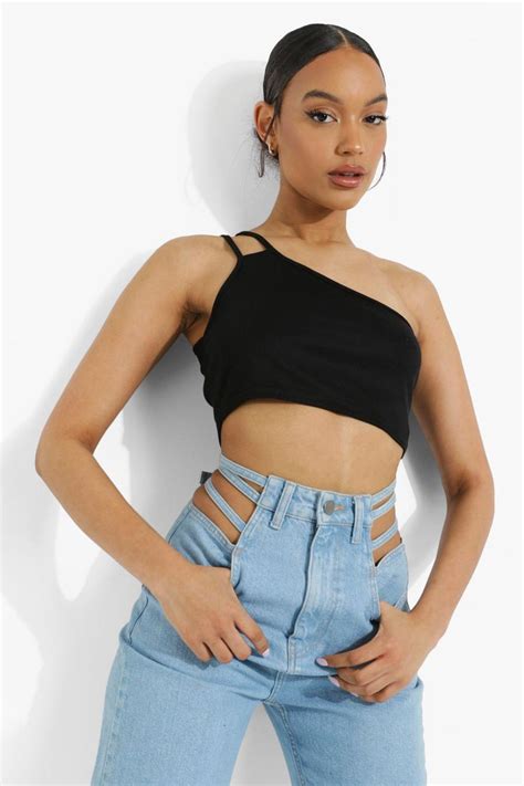 Womens Black One Shoulder Rib Crop Top Boohoo Uk