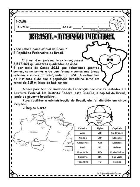 Unidades Político Administrativas Do Brasil 4o Ano Atividades - Atividades sobre Divisão Política do Brasil | PDF | Brasil | América do Sul