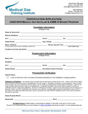 Fillable Online Certification Application Asse Medical Gas Installer