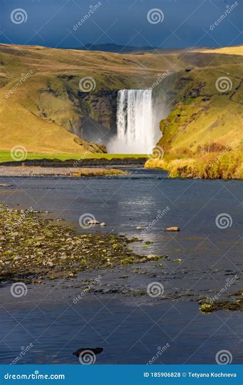 Skogafoss Waterfall and Rainbow, Iceland Stock Photo - Image of large ...