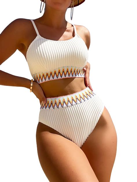 Gorglitter Women S Piece High Waisted Swimsuit Tummy Control Ribbed Bikini Set Cheeky Bathing