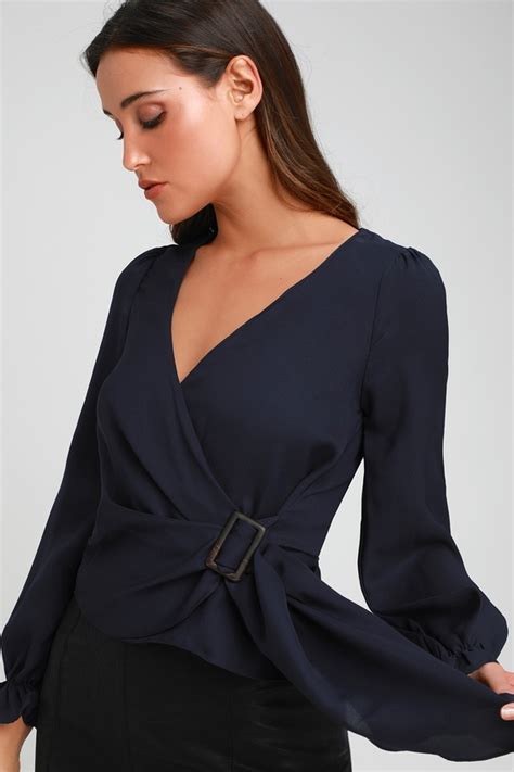 Chic Navy Blue Top Long Sleeve Top Wrap Top Surplice Top Lulus