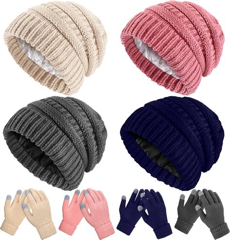 4 Sets Winter Knitted Beanie Hat Glove Set for Women Soft Warm Hat ...