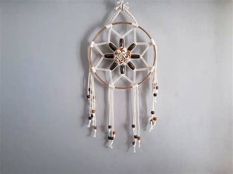 Macrame Dream Catcher With Wood Flower Focal Small Dreamcatcher For