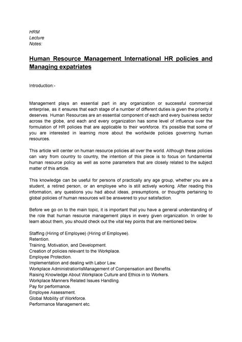 Human Resource Management International Hr Policies And Managing Hrm