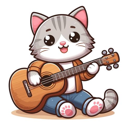 Gato Lindo Tocando La Guitarra Vector De Dibujos Animados Sobre Fondo