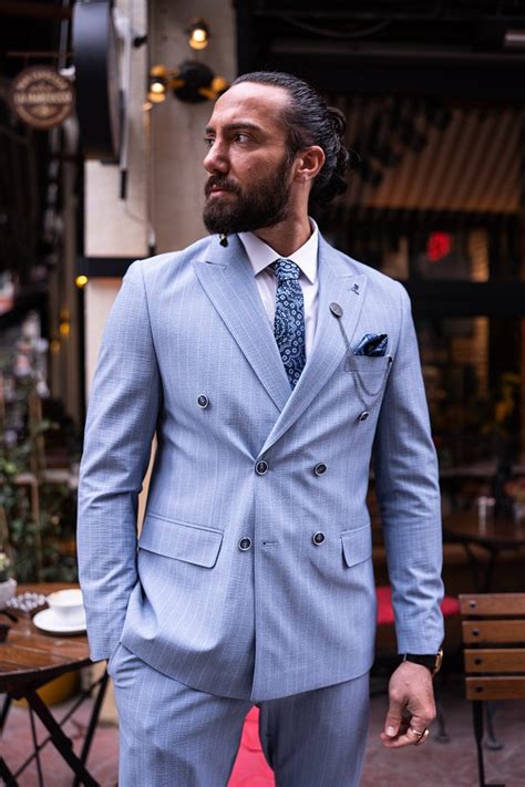 Sky Blue Slim Fit Piece Pinstripe Double Breasted Suit