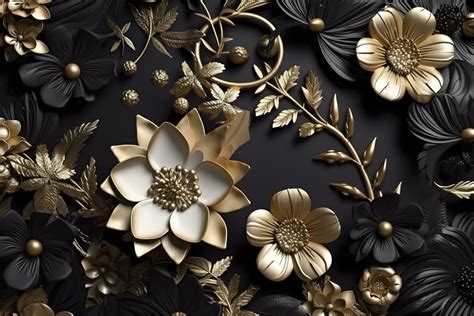 3d mural floral wallpaper. golden and black flowers and leaves. 3d ...